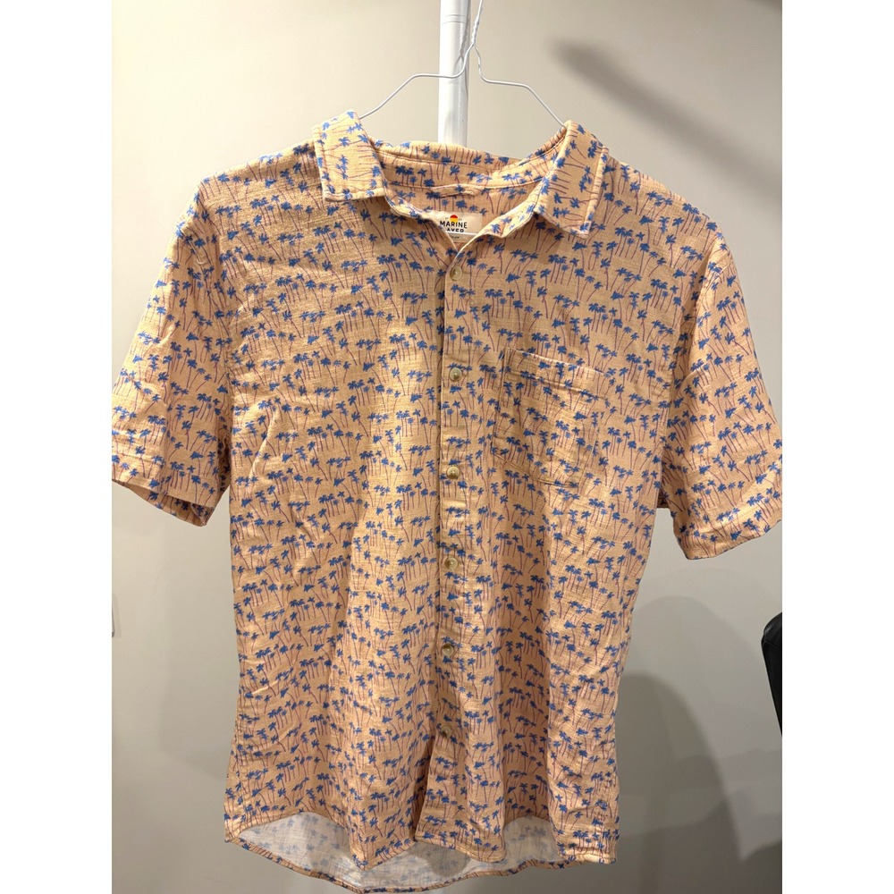 Coastal Boho Marine Layer Blue Palm Tree Print Short Sleeve Button Down Shirt